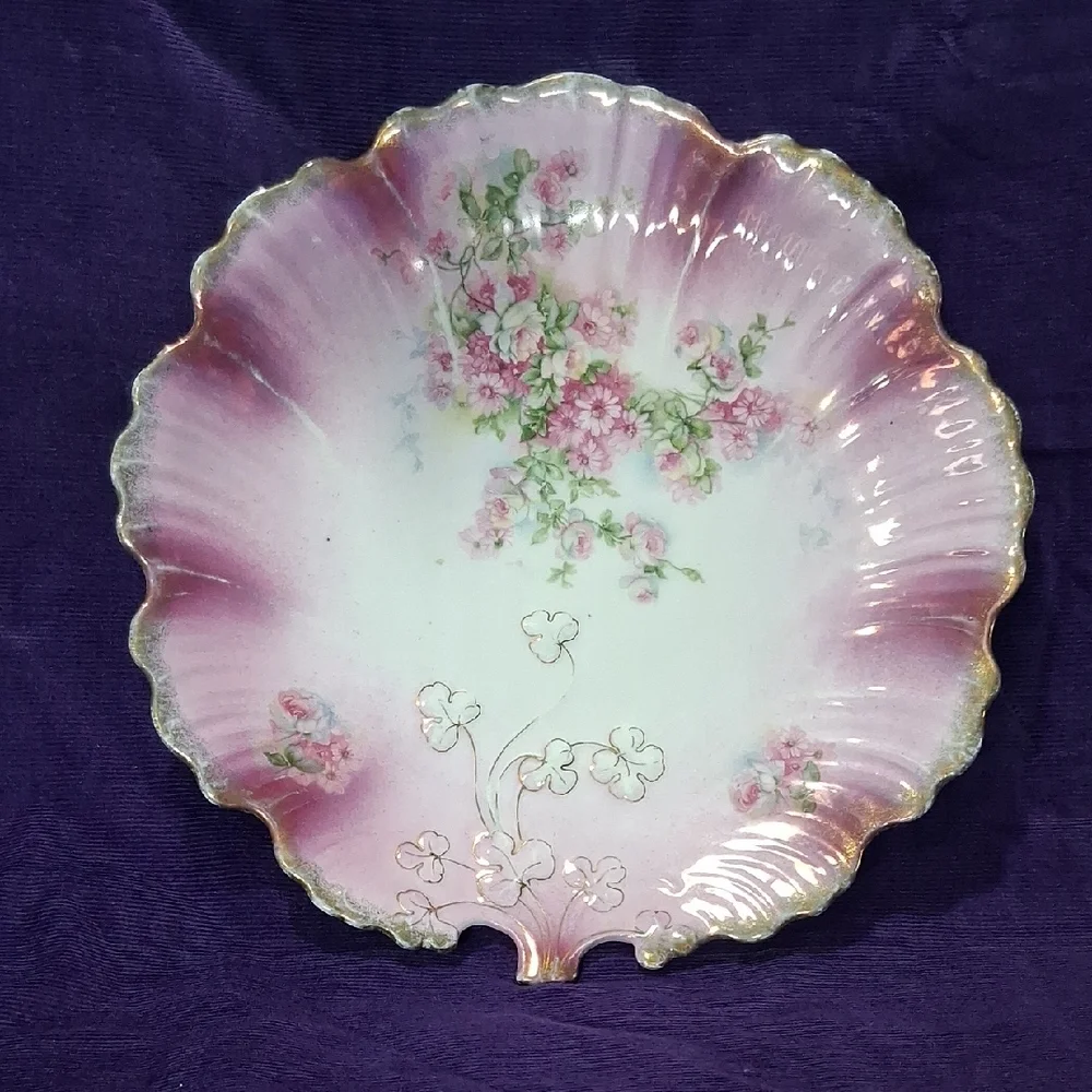 Antique MZ Austria Plate Porcelain Pink Roses Gilt Clovers Dish - Picture 3 of 12